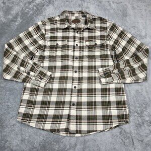 Orvis Shirt Mens Large Beige Green Plaid Heavy Flannel Button Up Shacket Hiking